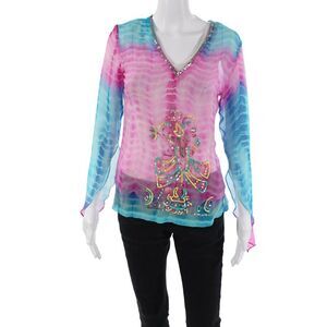 Tashia London Womens Silk Sheer Tie Dye Sequined Long Sleeve Blouse Pink Size S